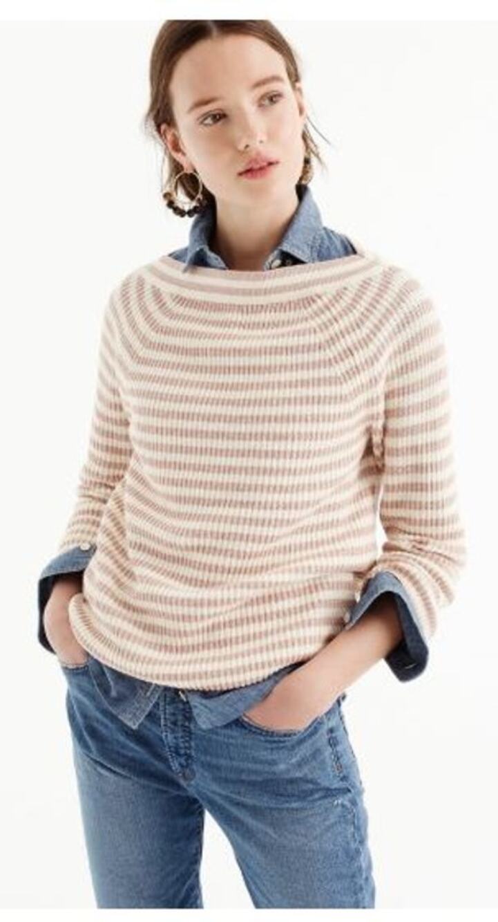 J.Crew XL Pink Ivory Striped Cotton Boatneck Sweater Coastal Preppy Classic